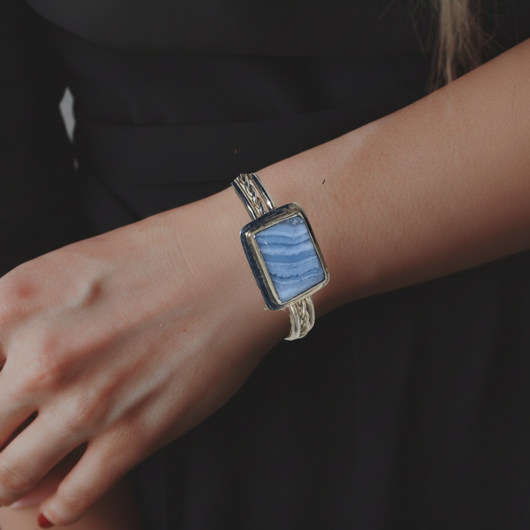 Blue Lace and Sterling Silver Cuff Bracelet