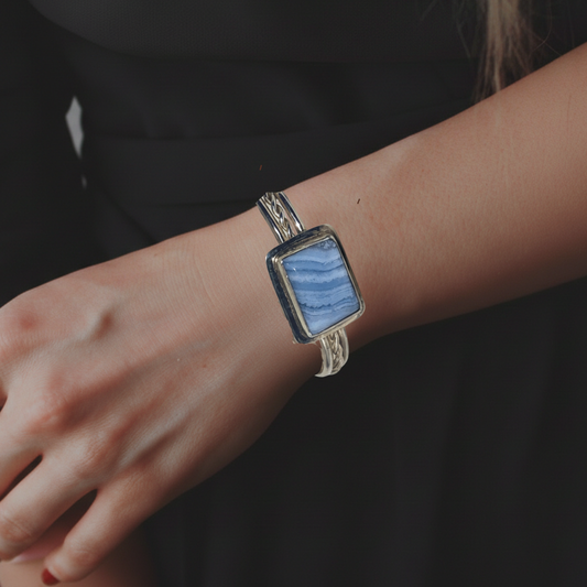 Blue Lace and Sterling Silver Cuff Bracelet